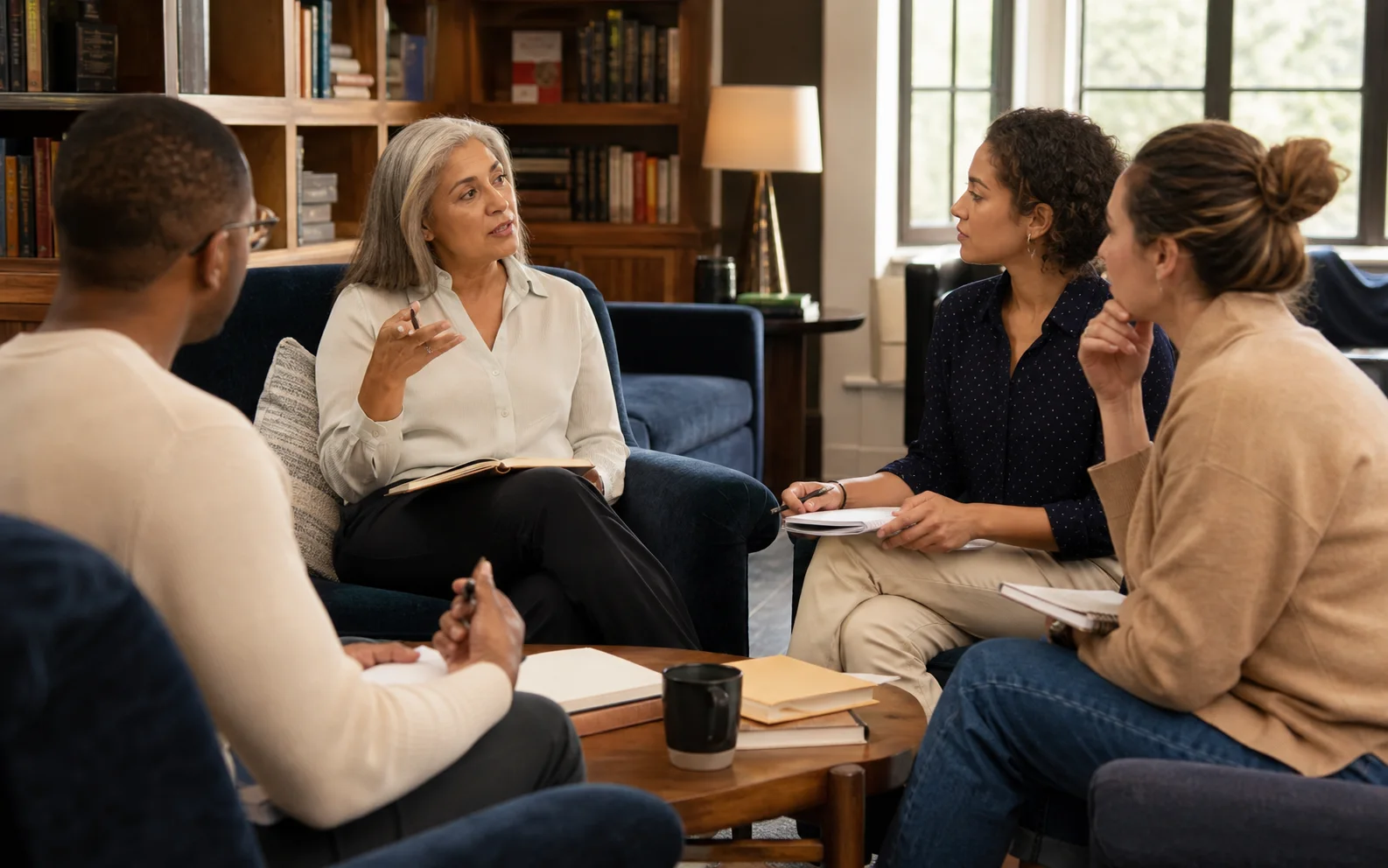 A mentor guiding a small group through a reflective goal-setting session