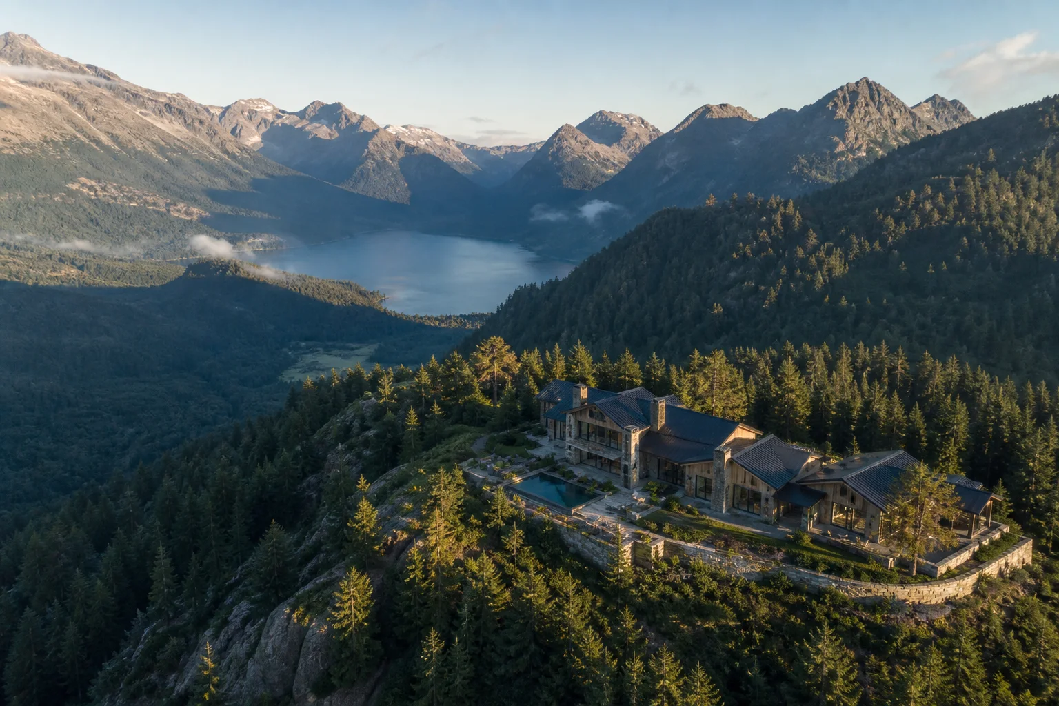 A secluded mountain retreat overlooking an alpine lake